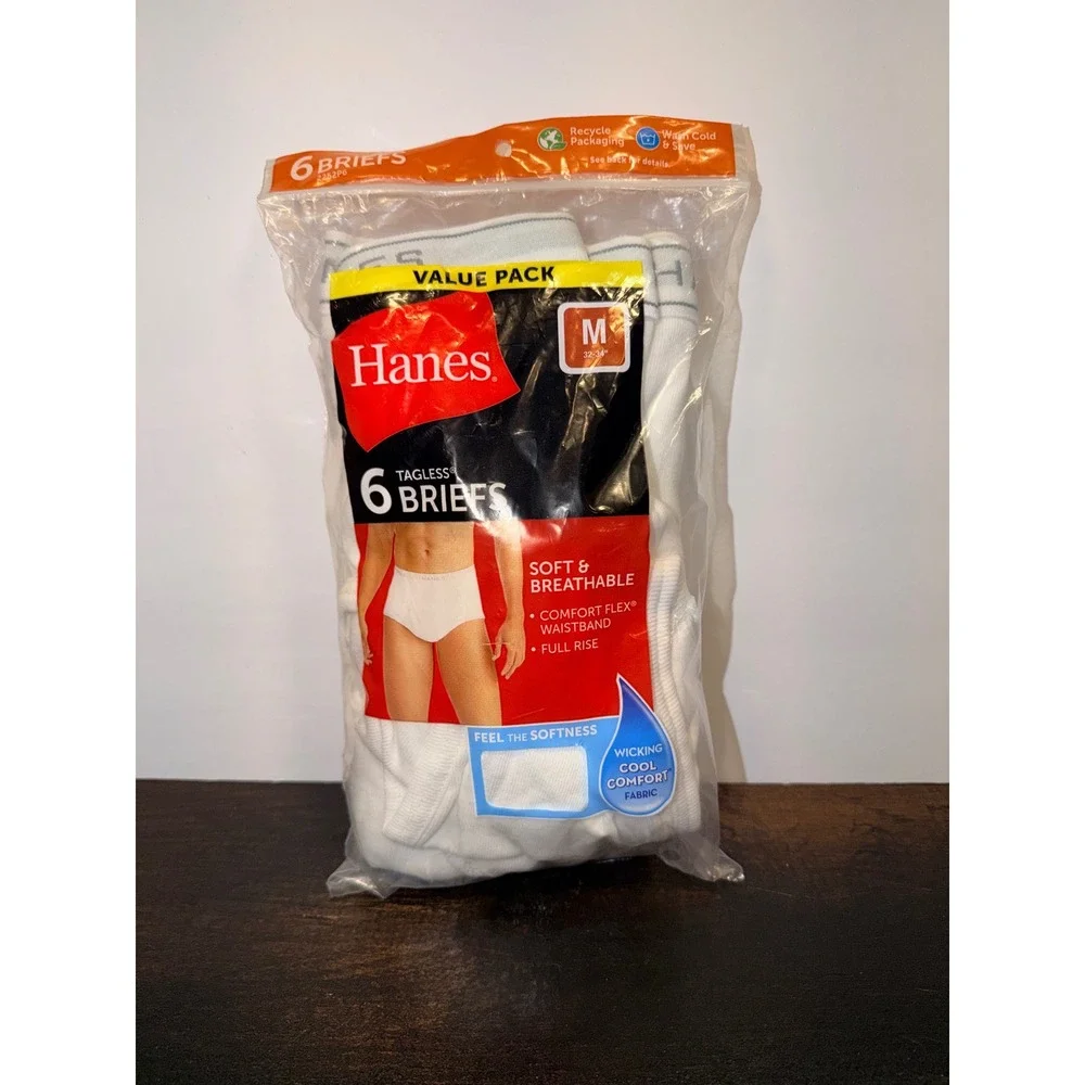 Hanes Tagless Briefs 6 Pack White Cotton Full Rise Comfort Flex Sz M 32-34